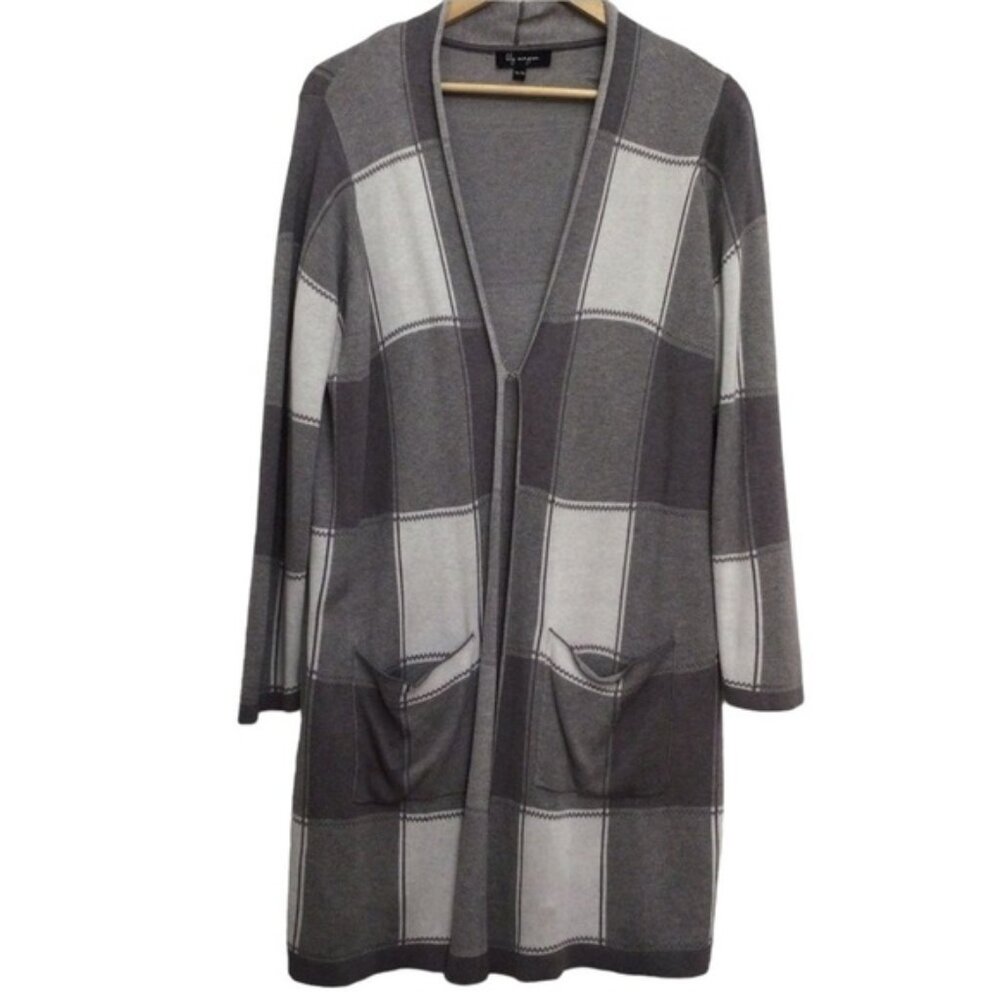 LONG duster long sweater Cardigan Robe plaid grey white pockets XL